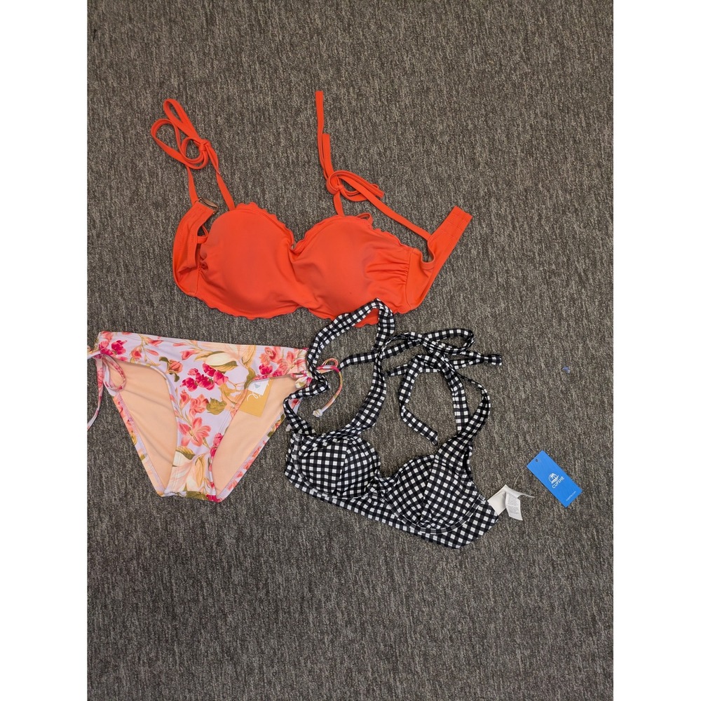 NEW CUPSHE Women's Size S Orange Gingham‎ Floral Bikini Swimsuit Set